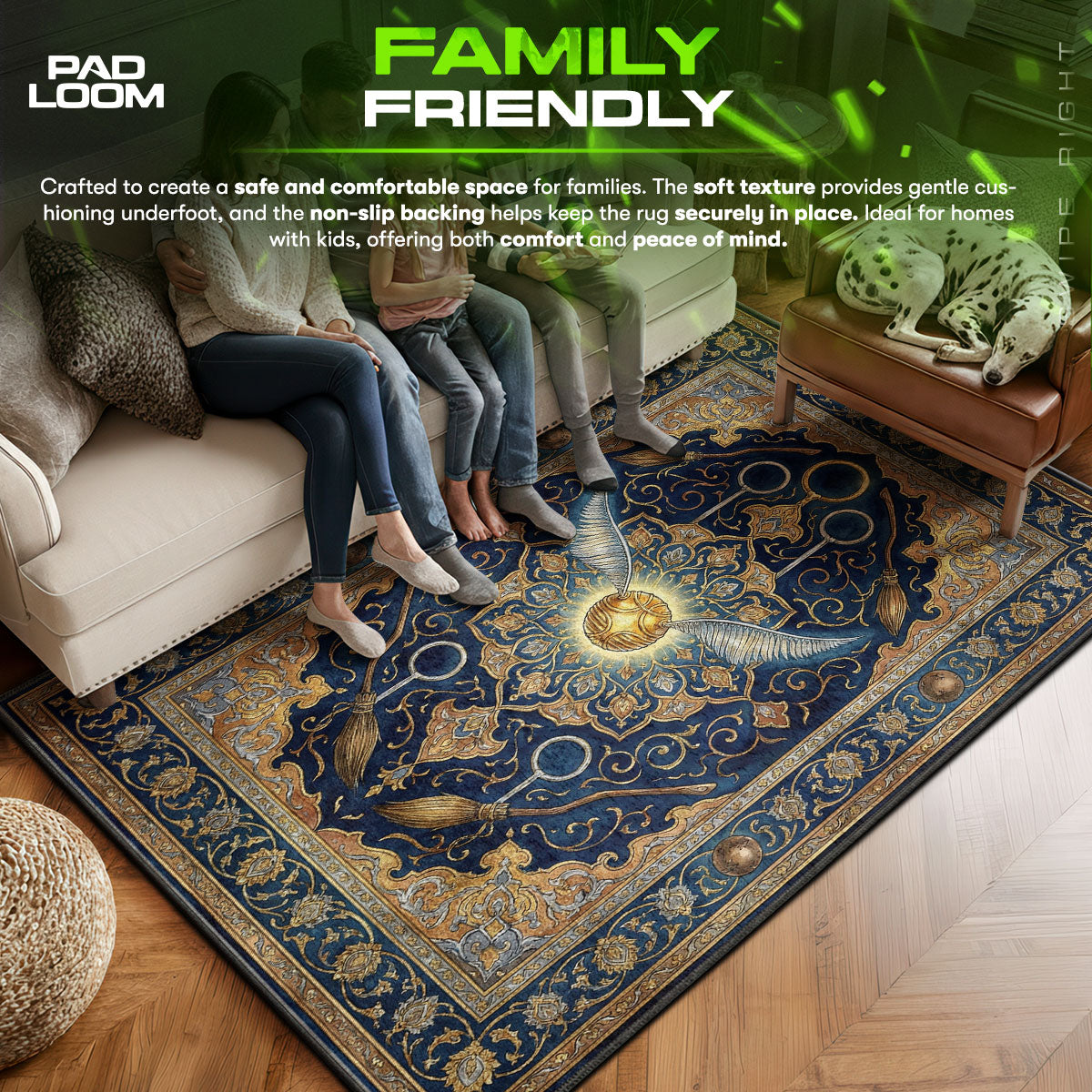 Golden area rug showing full Vintage artwork