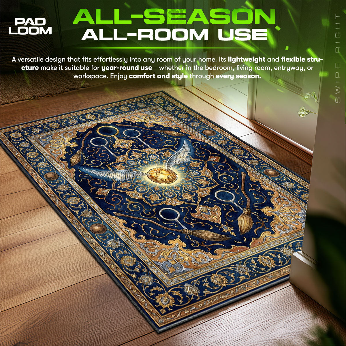 Golden Snitch Quidditch Harry Potter Room fan rug — premium quality print