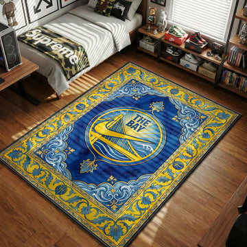 Golden State The Bay blue and gold rug with bridge crest, wave motifs and ornate baroque border
