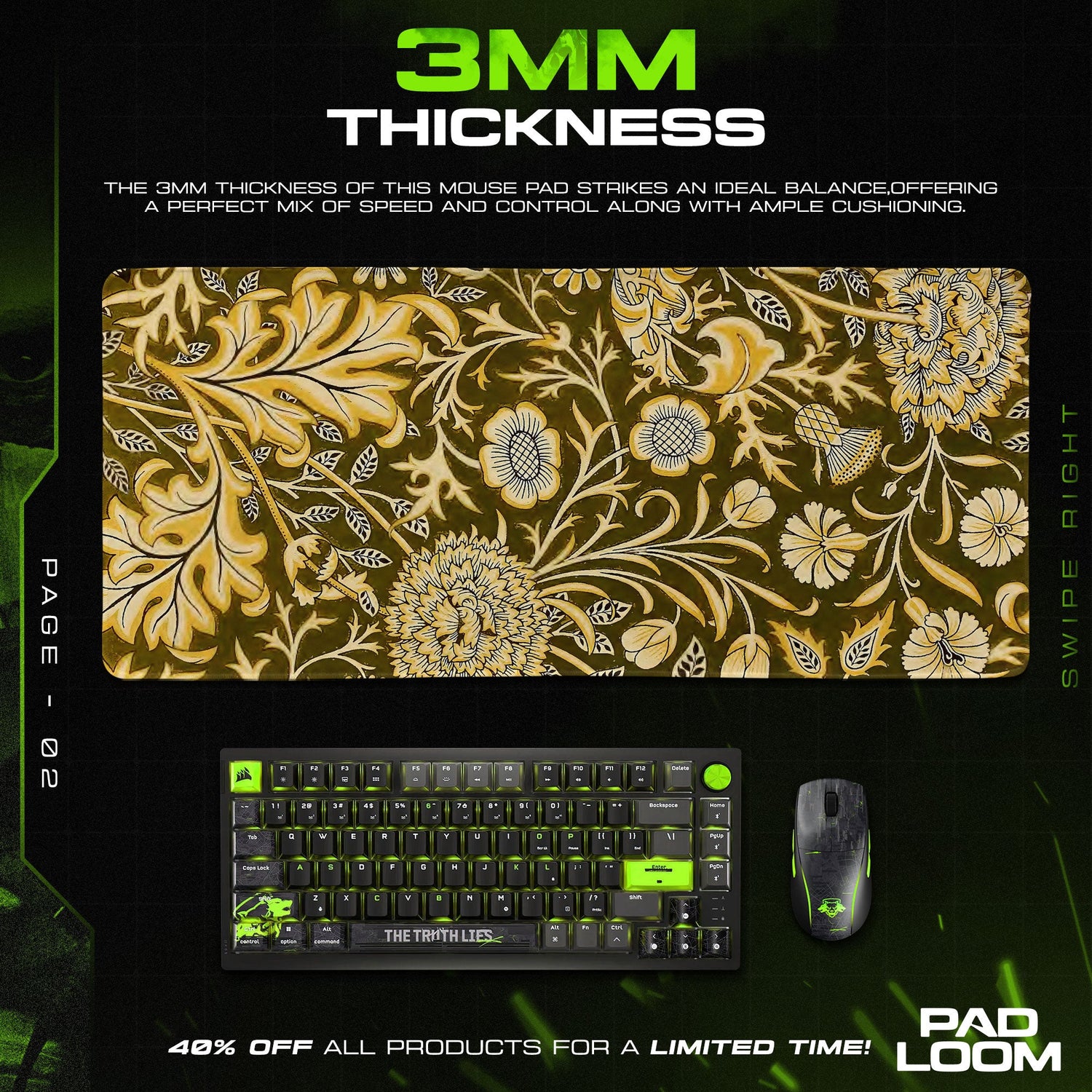 Golden Thicket Mouse Pad, Baroque Floral Gaming Desk Mat Padloom