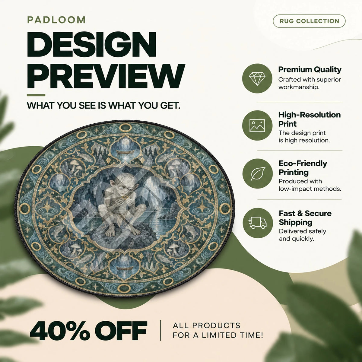 Gollum Crouching Lord of the Rings round rug full design preview