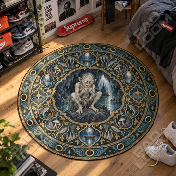 Gollum Crouching Lord of the Rings round rug on a bedroom floor - Lord of the Rings chair mat