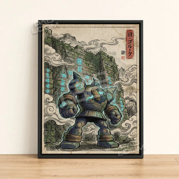 Golurk Ruins Pokemon poster - framed canvas wall art in a black frame