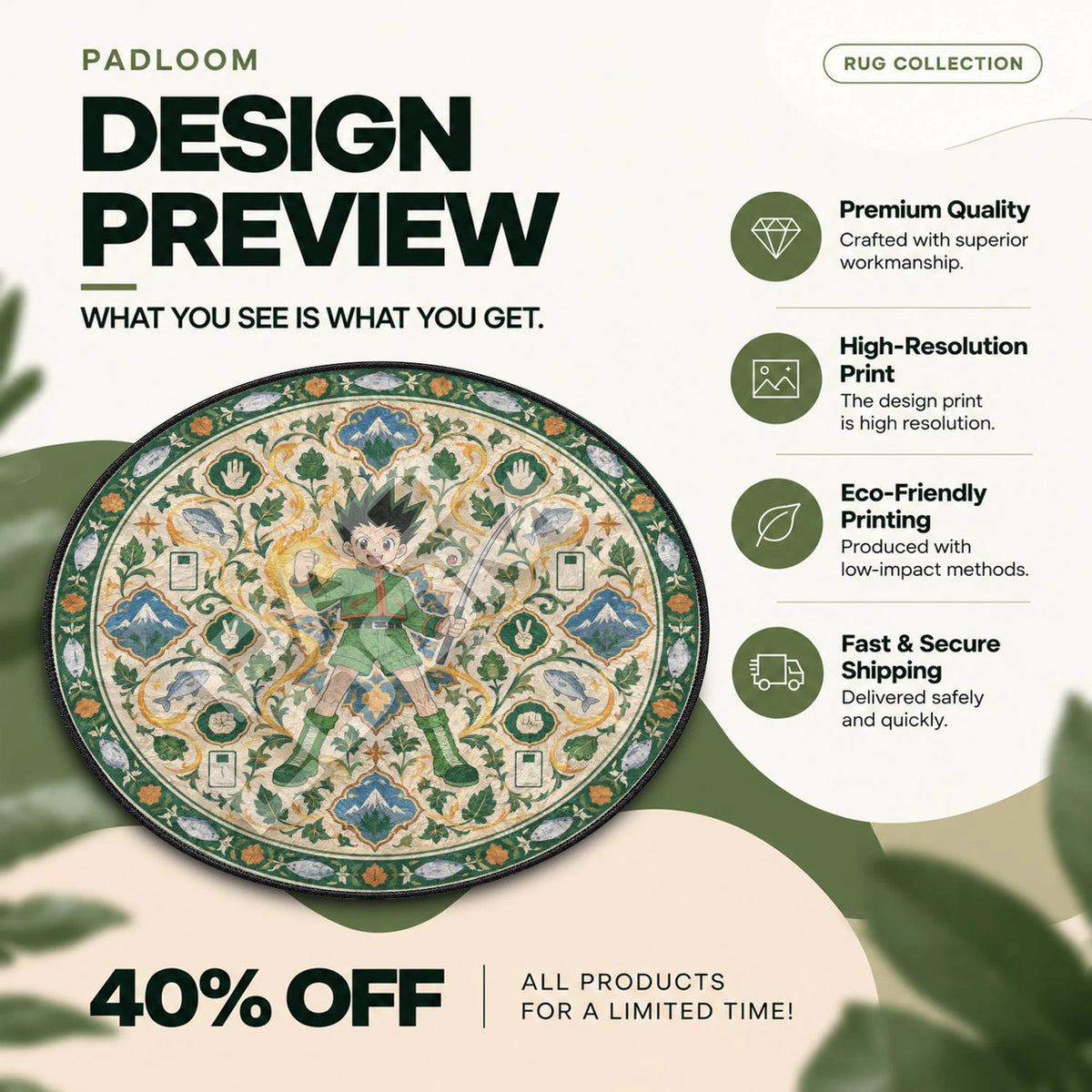 Gon Fishing Hunter x Hunter round rug full design preview