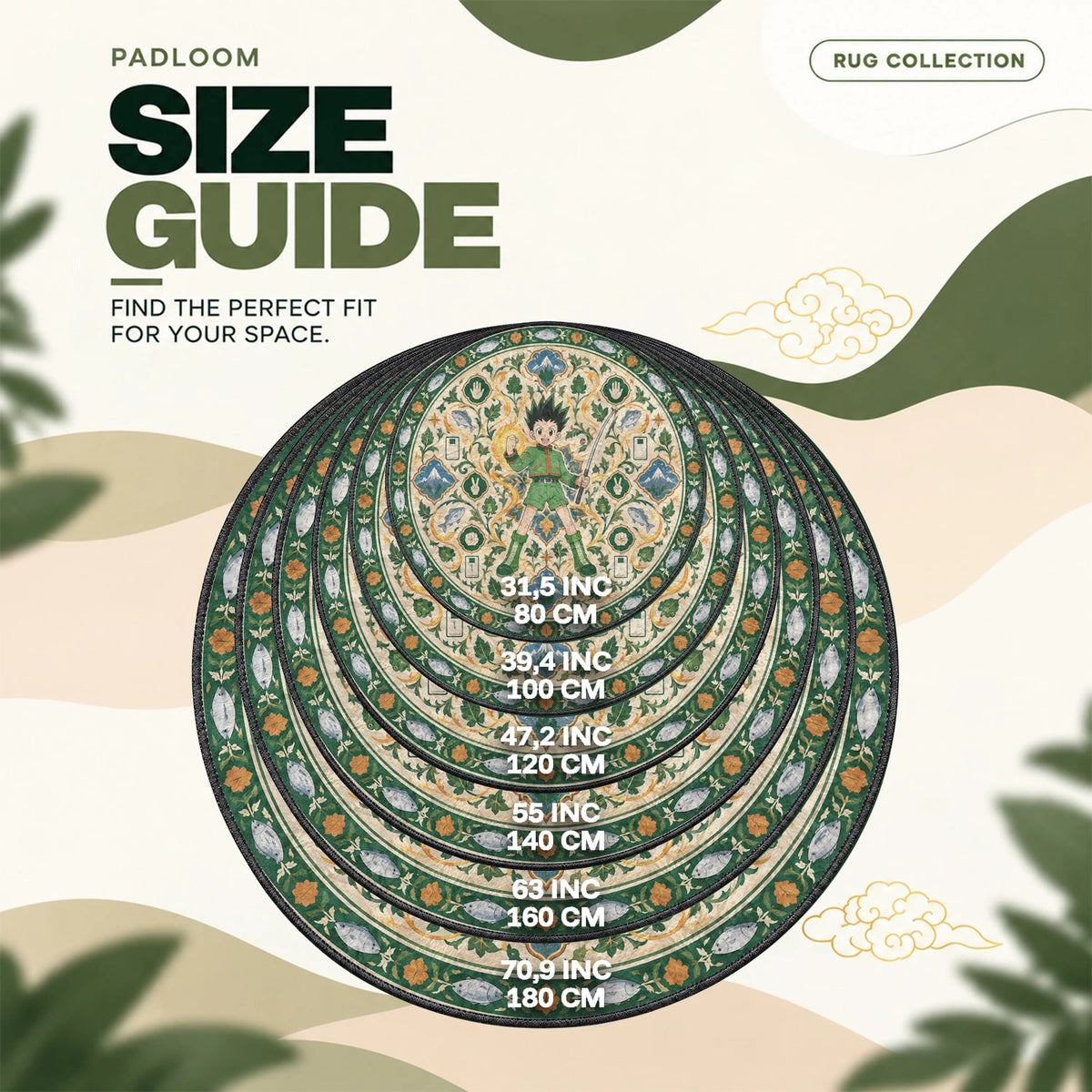 Gon Fishing round rug size guide, 80 to 180 cm (31.5 to 70.9 in)
