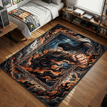 Illustration of Adult Gon Freecss delivering a punch with flowing long hair and dark flames on a Hunter x Hunter rug.