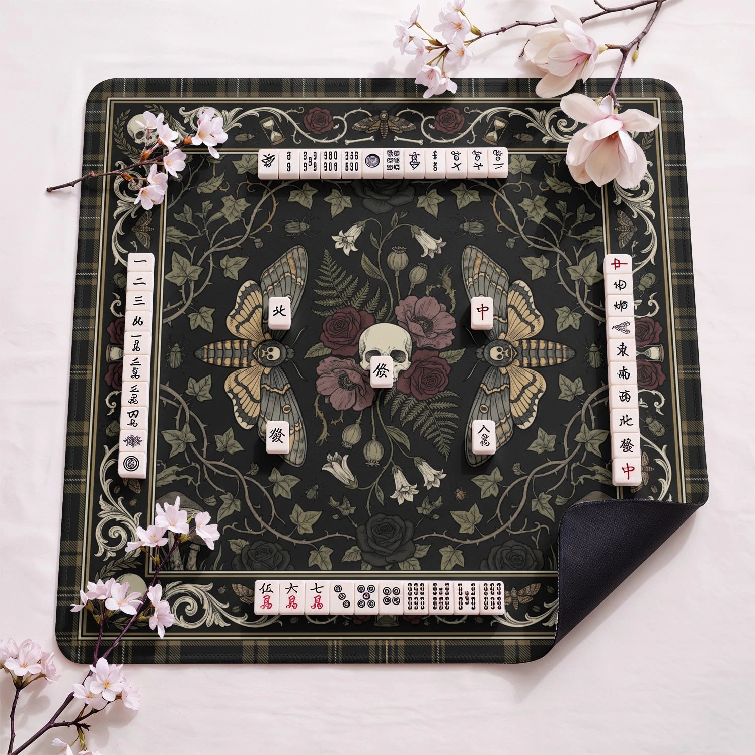 Gothic Moth Skull design close-up on mahjong mat surface