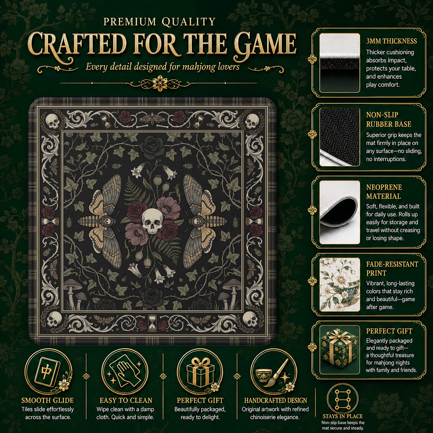 Gothic Moth Skull Mahjong Mat – neoprene mah jongg table mat