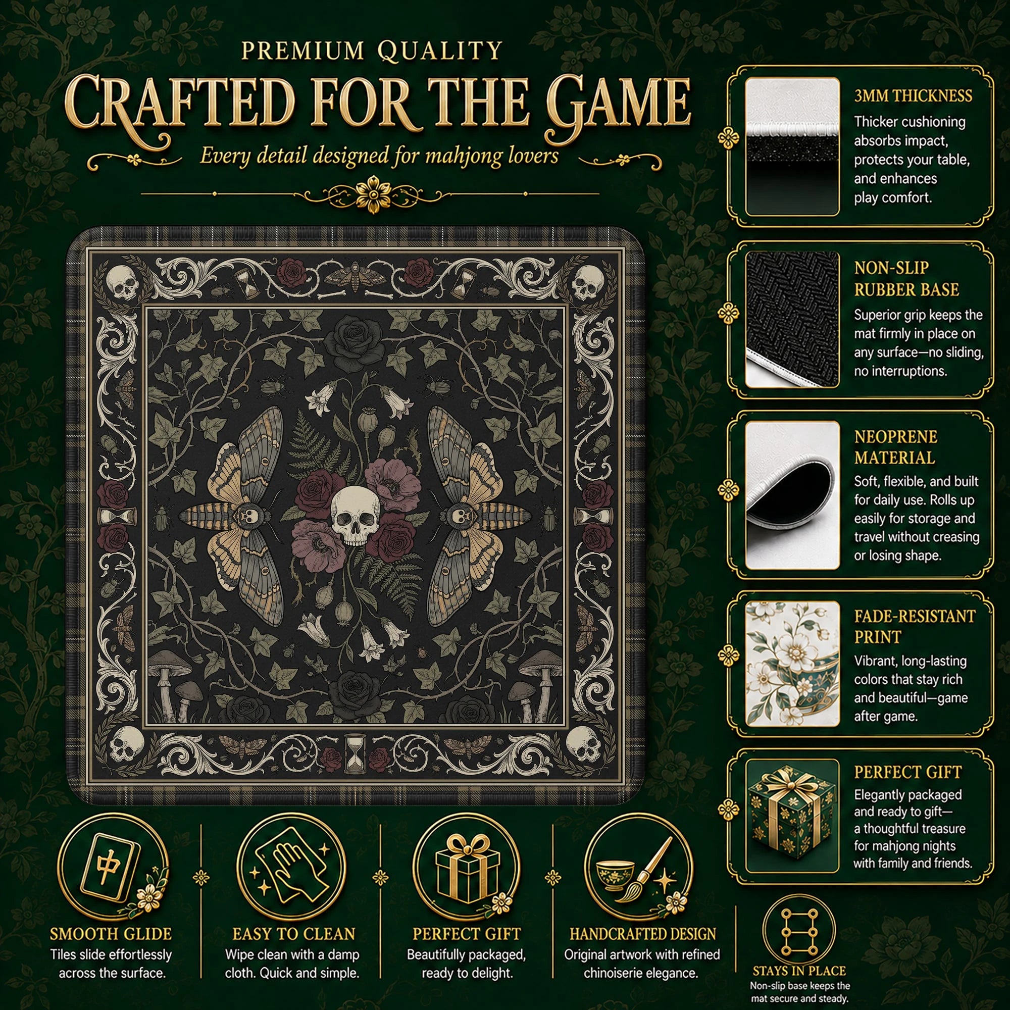 Gothic Moth Skull Mahjong Mat – neoprene mah jongg table mat