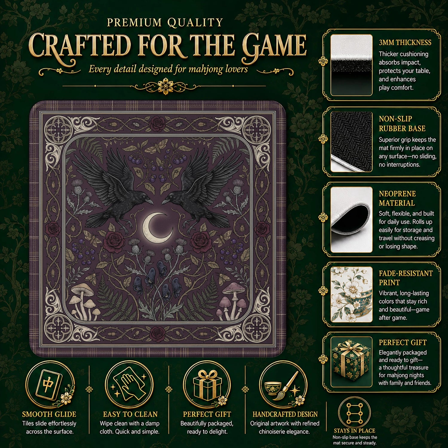 Gothic Raven Moon Mahjong Mat - Mah Jongg Mat