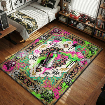 Graffiti Art spray can gas mask pink green hypebeast area rug