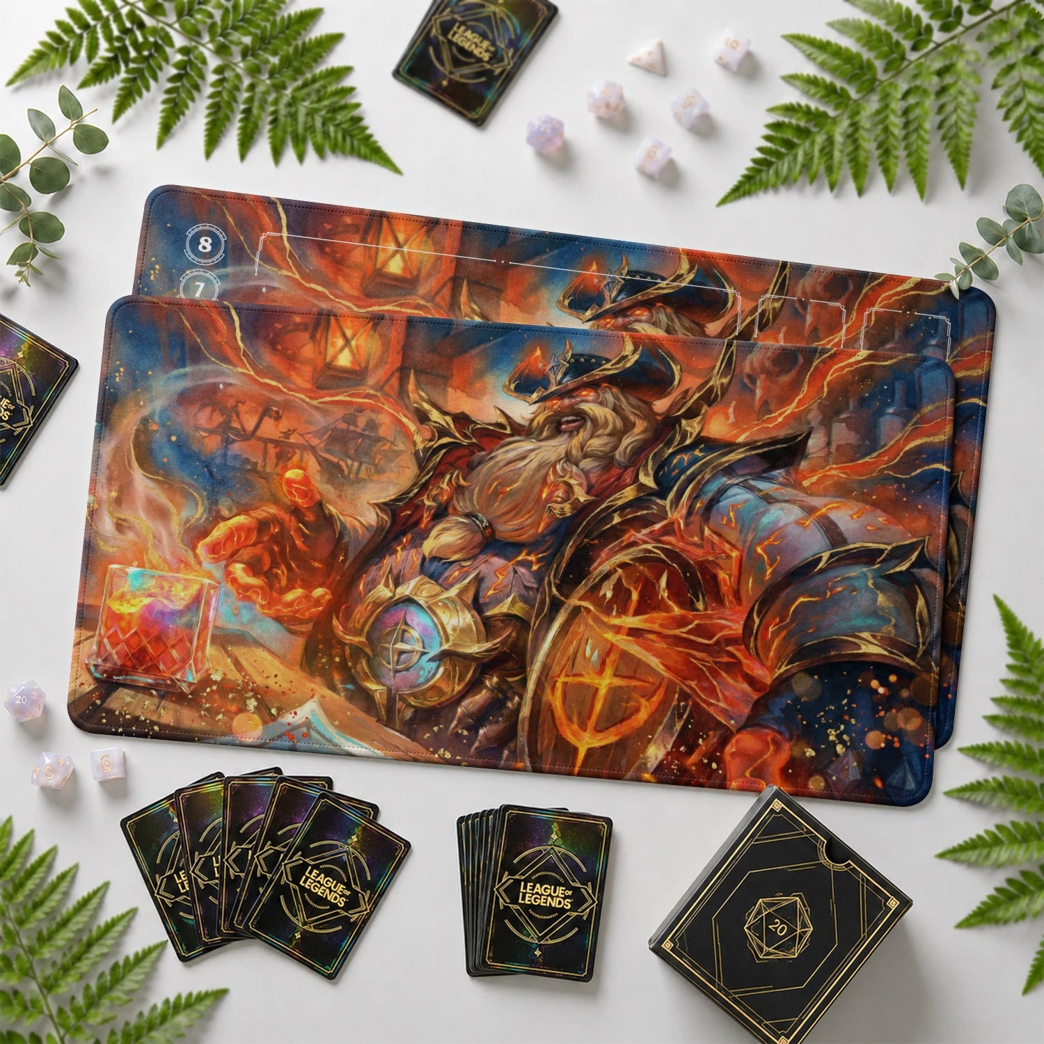 Gragas Emberhelm Riftbound TCG playmat with card zones and score track – LoL game mat