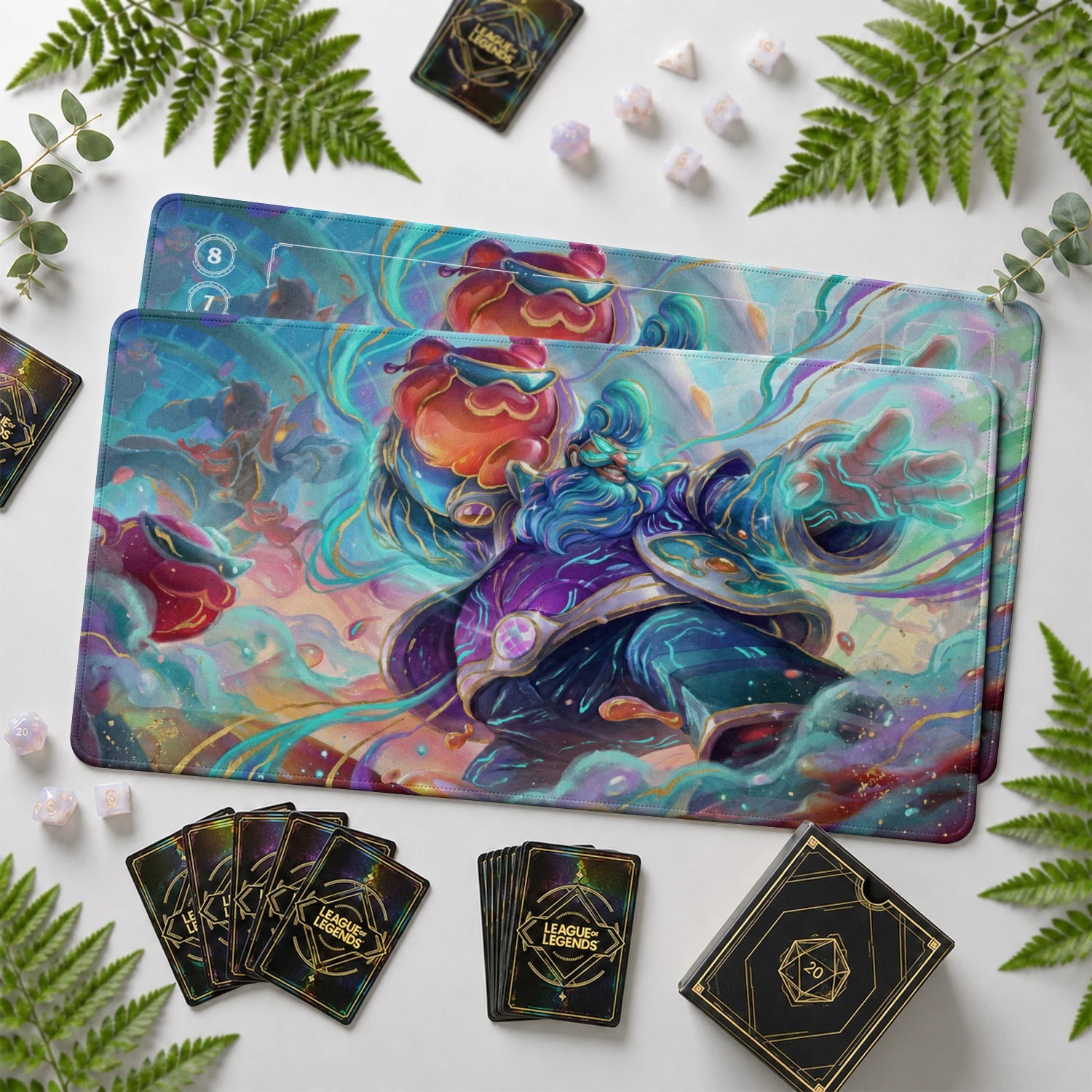 Gragas Neon Riftbound TCG playmat with card zones and score track – LoL game mat