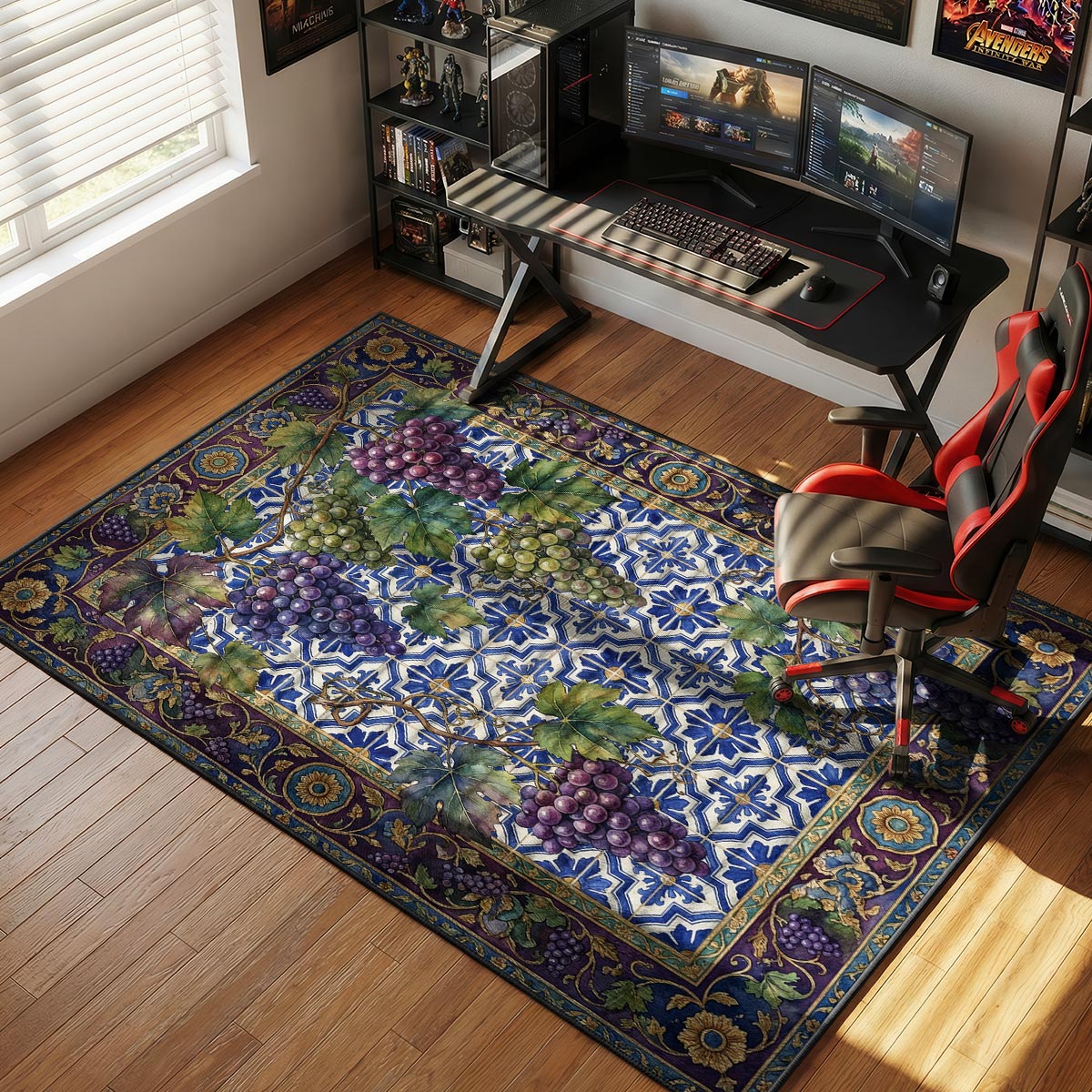 Grapevine kitchen rug on dark stone floor near a wine rack and rustic wooden table