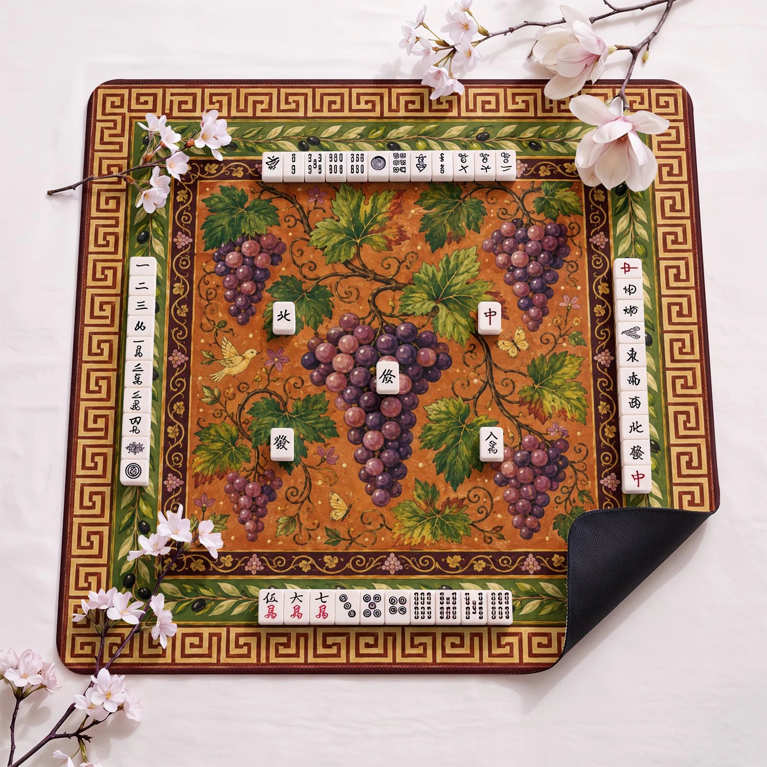 Grapevine design close-up on mahjong mat surface