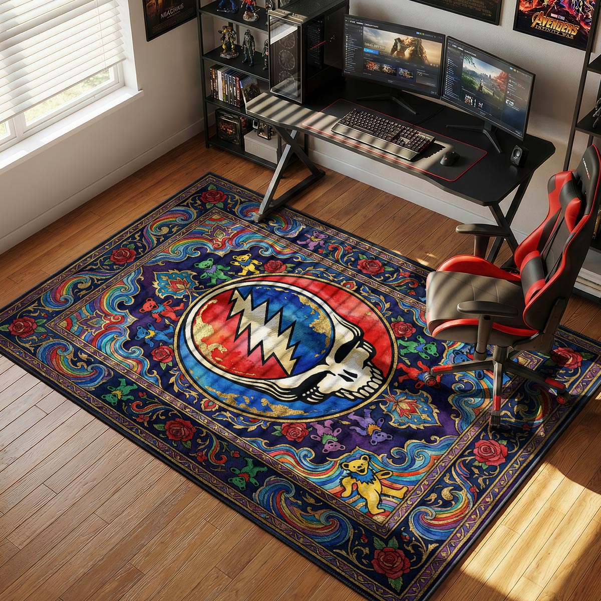 Grateful Dead psychedelic rug placed in a warm living room with wooden furniture and natural light