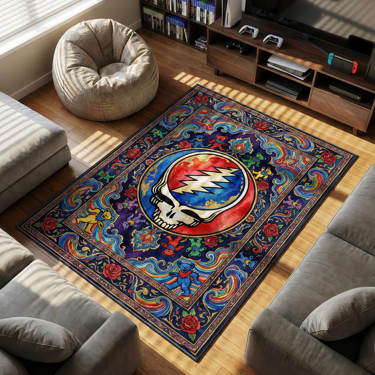 Close-up of Grateful Dead rug showing dancing bear detail and gold leaf texture on plush fiber
