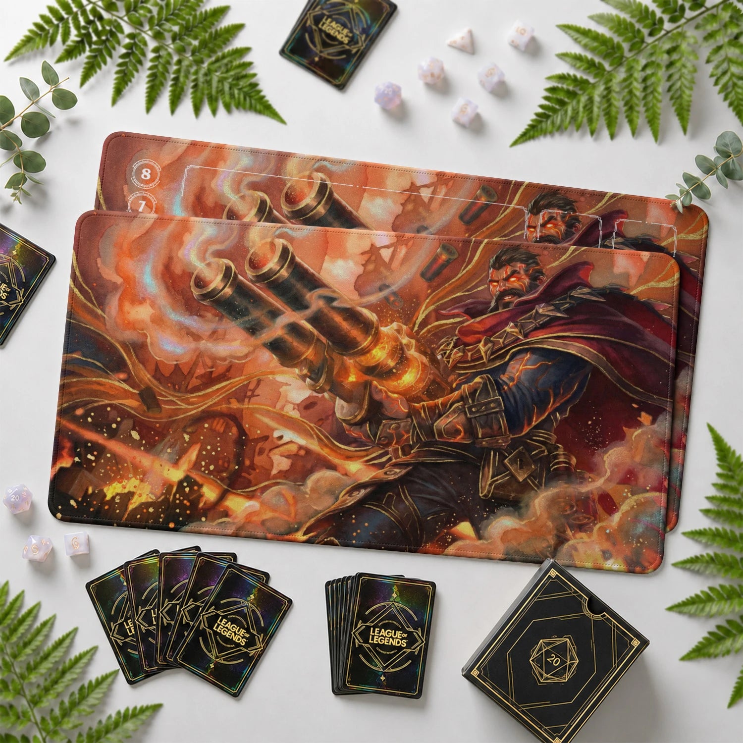 Graves Powderkeg Riftbound TCG playmat with card zones and score track – LoL game mat