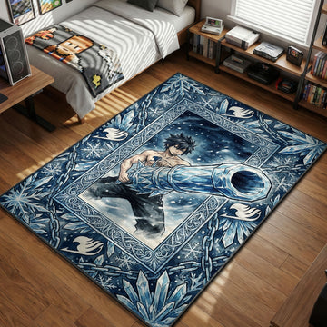 Gray Fullbuster from Fairy Tail wielding an ice cannon surrounded by blue crystals and snowflakes rug design.
