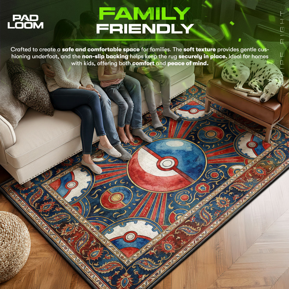 Great area rug showing full home decor artwork