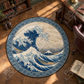 Great Wave Indigo japanese round rug in a styled room - japanese circle area rug