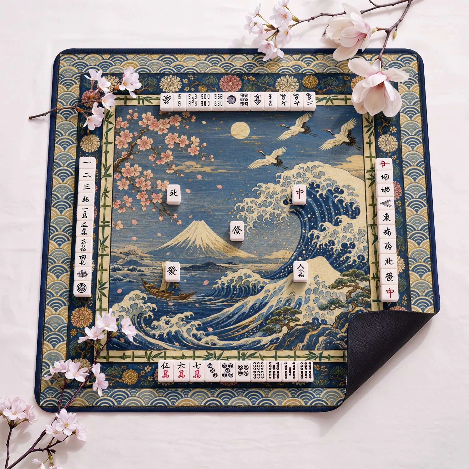 Great Wave design close-up on mahjong mat surface