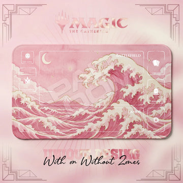 Great Wave Pink MTG playmat, pink and white art with play zones, 24 x 14 in