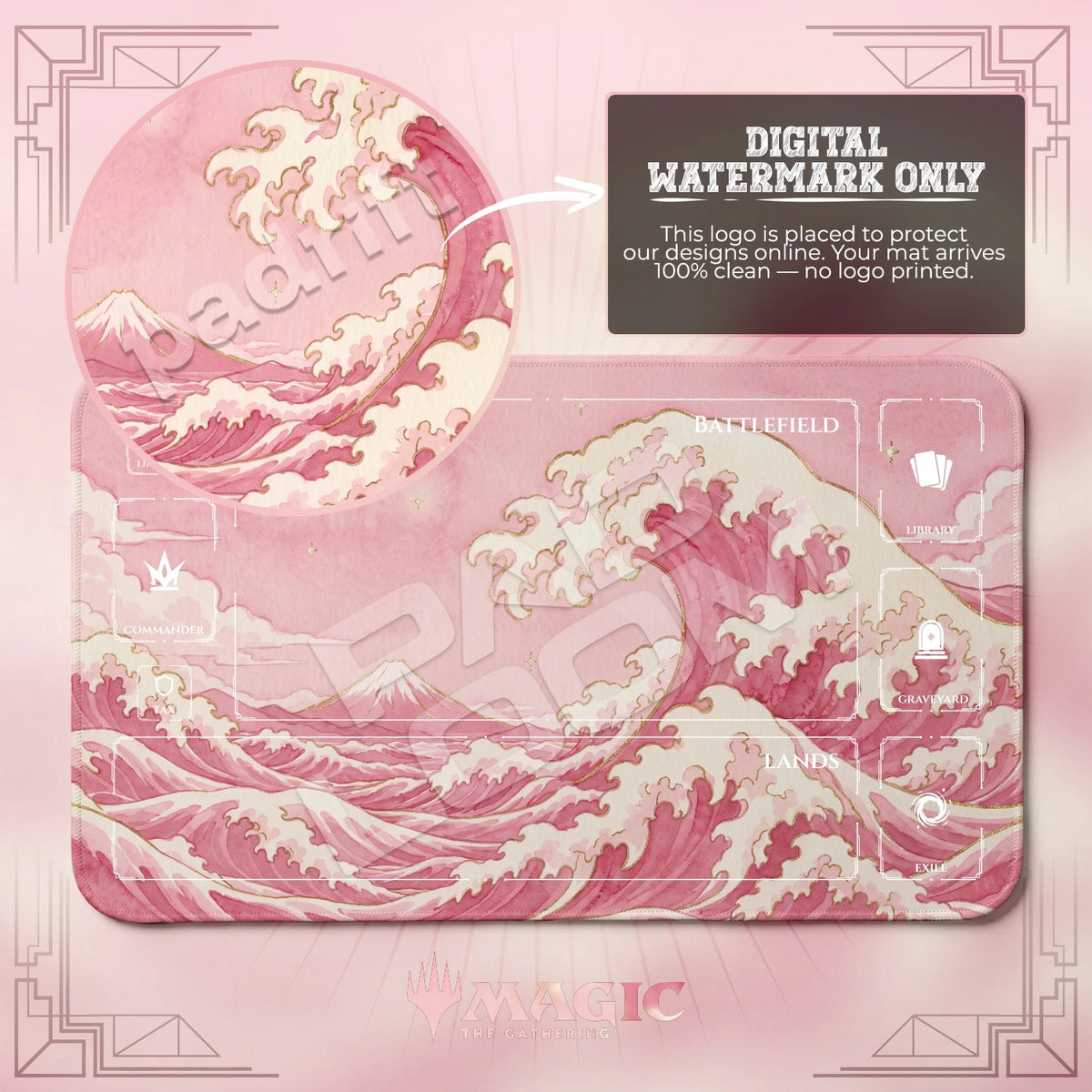 Great Wave Pink MTG playmat with zones; the Padloom watermark is digital only, not printed