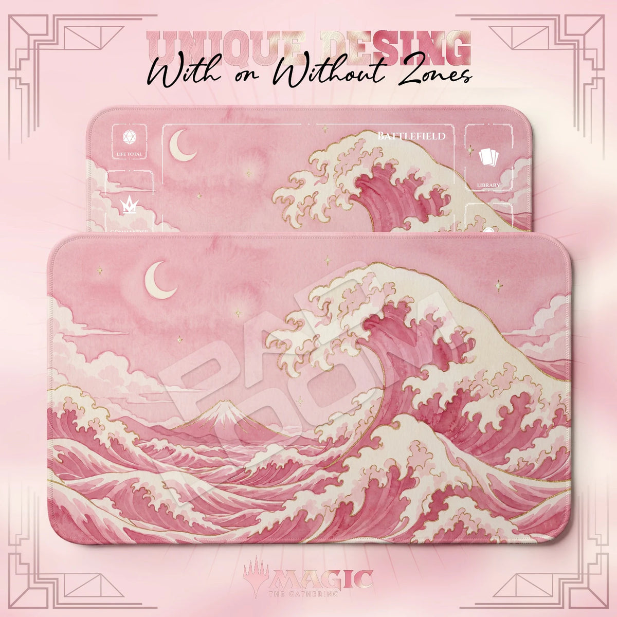 Great Wave Pink MTG playmat shown with zones and without zones