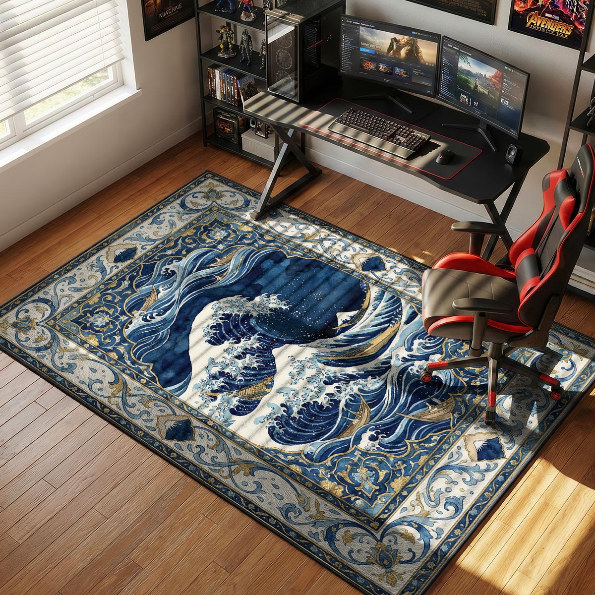 Great wave rug placed in a living room with white sofa and natural wood coffee table