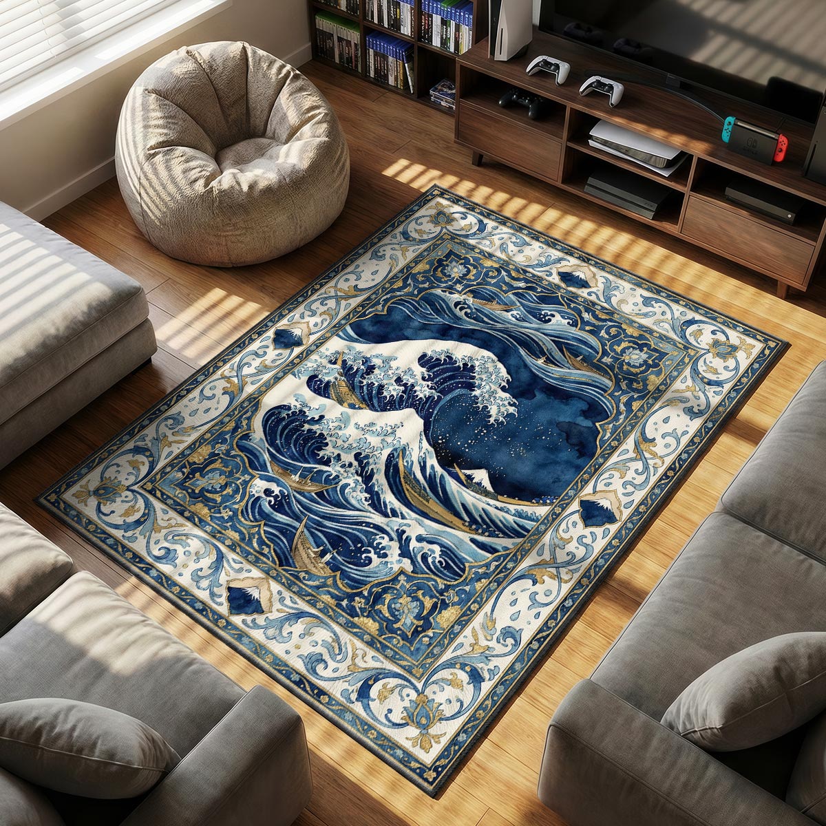 Close-up of great wave rug showing white foam tips and wooden boat detail on velvet surface