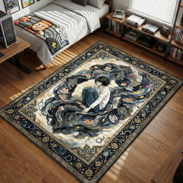 L Lawliet crouching surrounded by strawberry shortcakes and handcuffs in vintage tarot art style area rug and floor mat