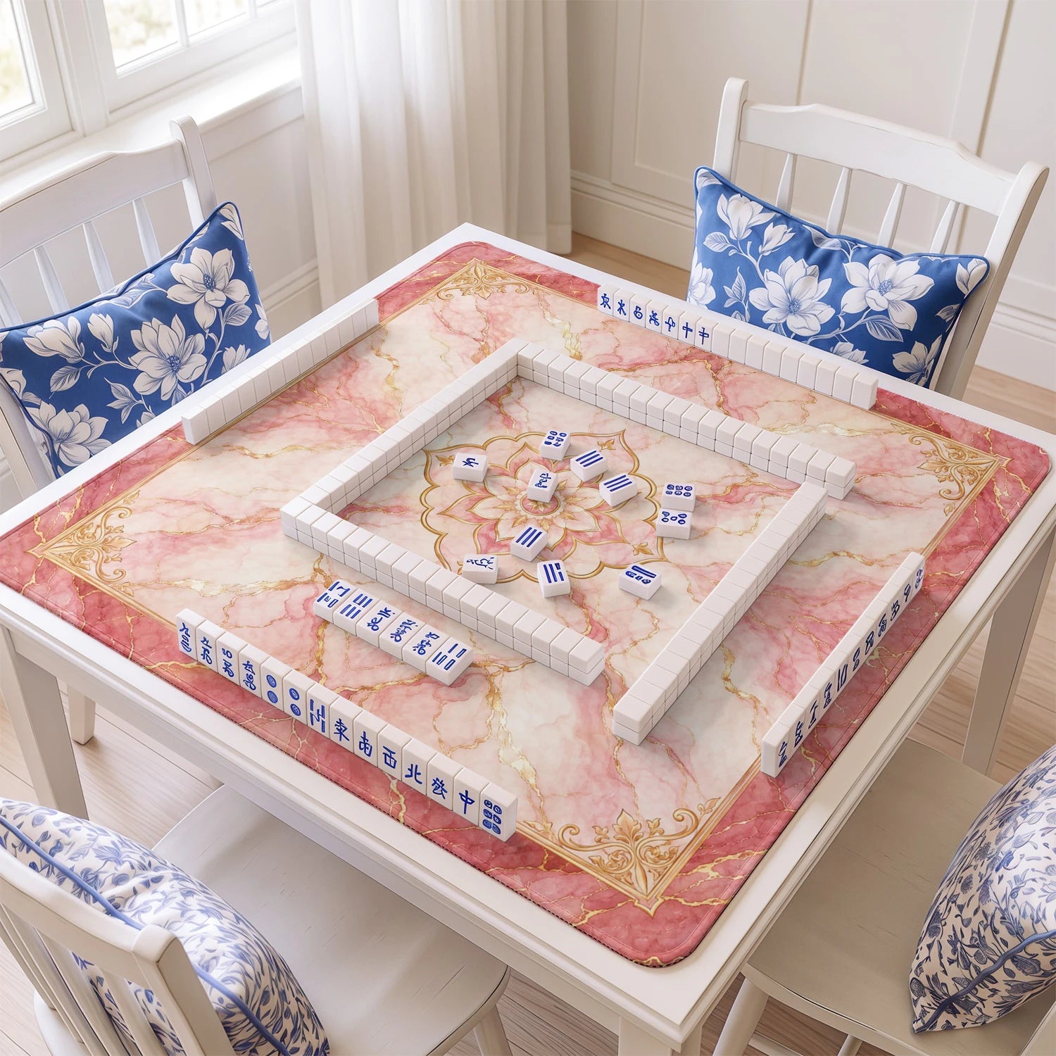 Green Aztec Sun mahjong mat with tiles and racks on the table