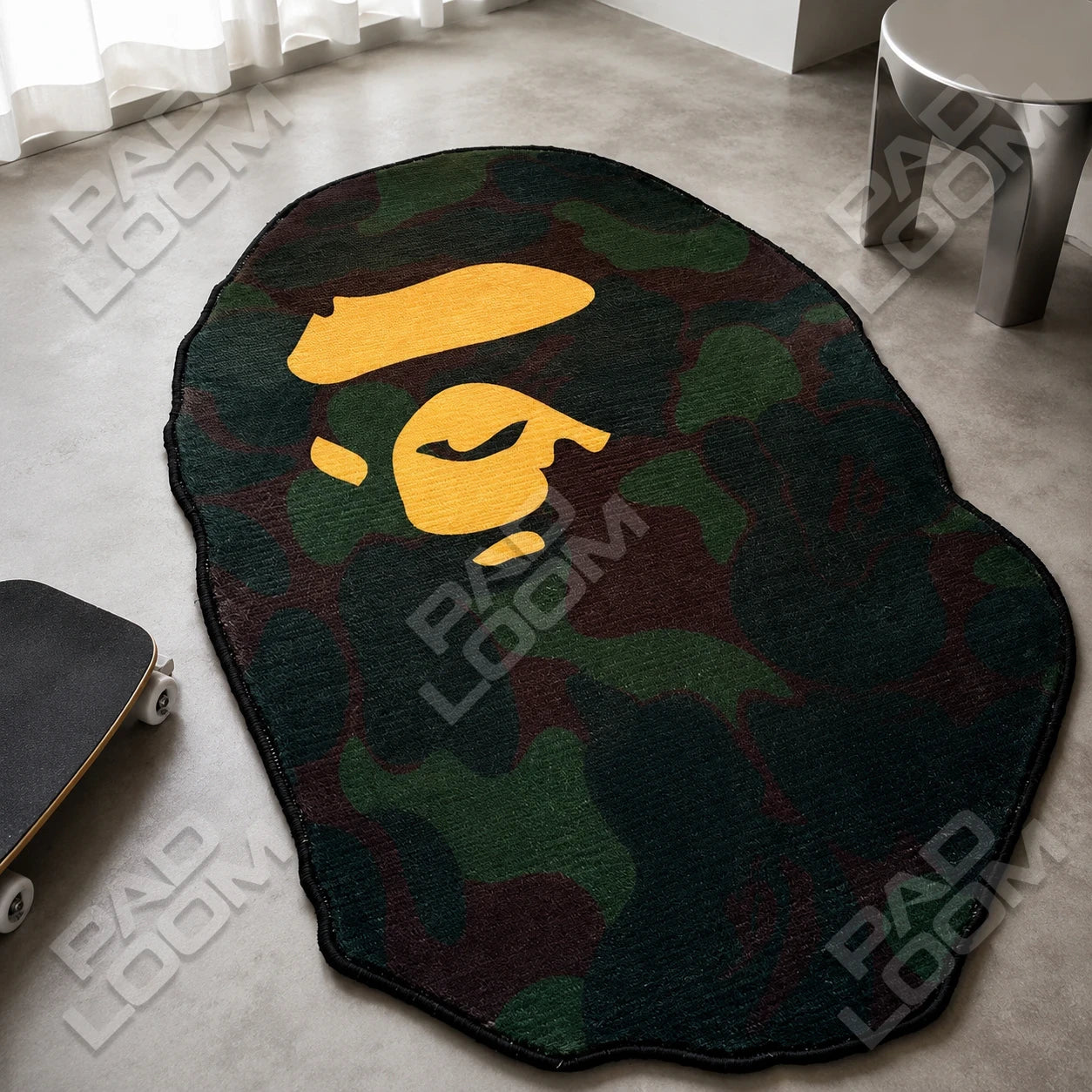 Green Camo Bape shaped rug close-up, soft washable pile