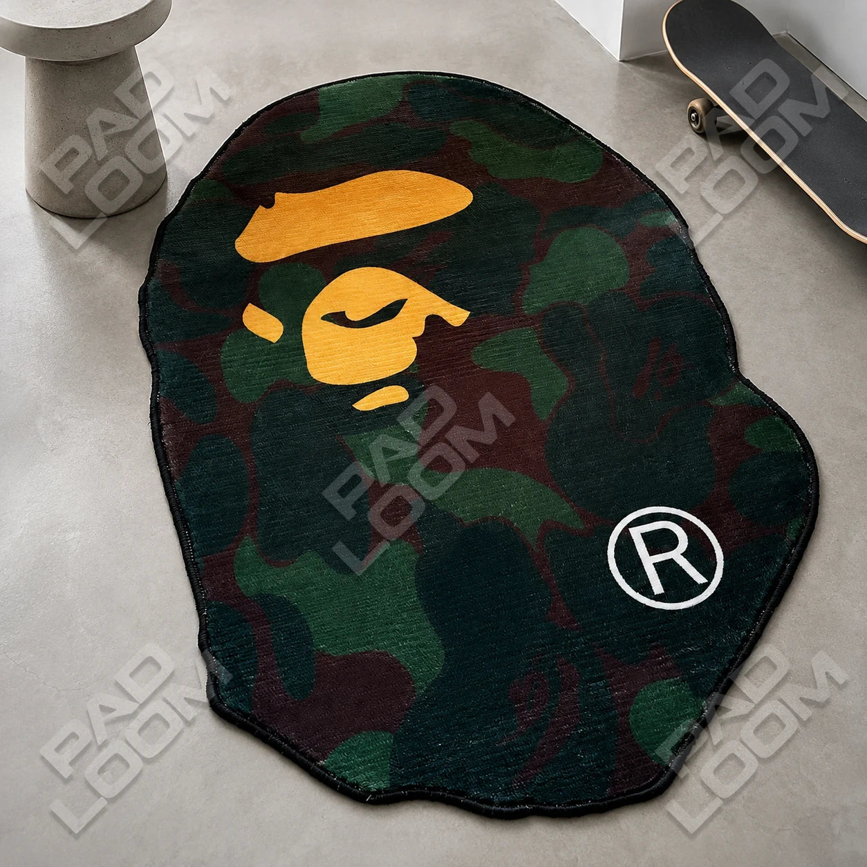 Green Camo Bape shaped rug shown in a room setting