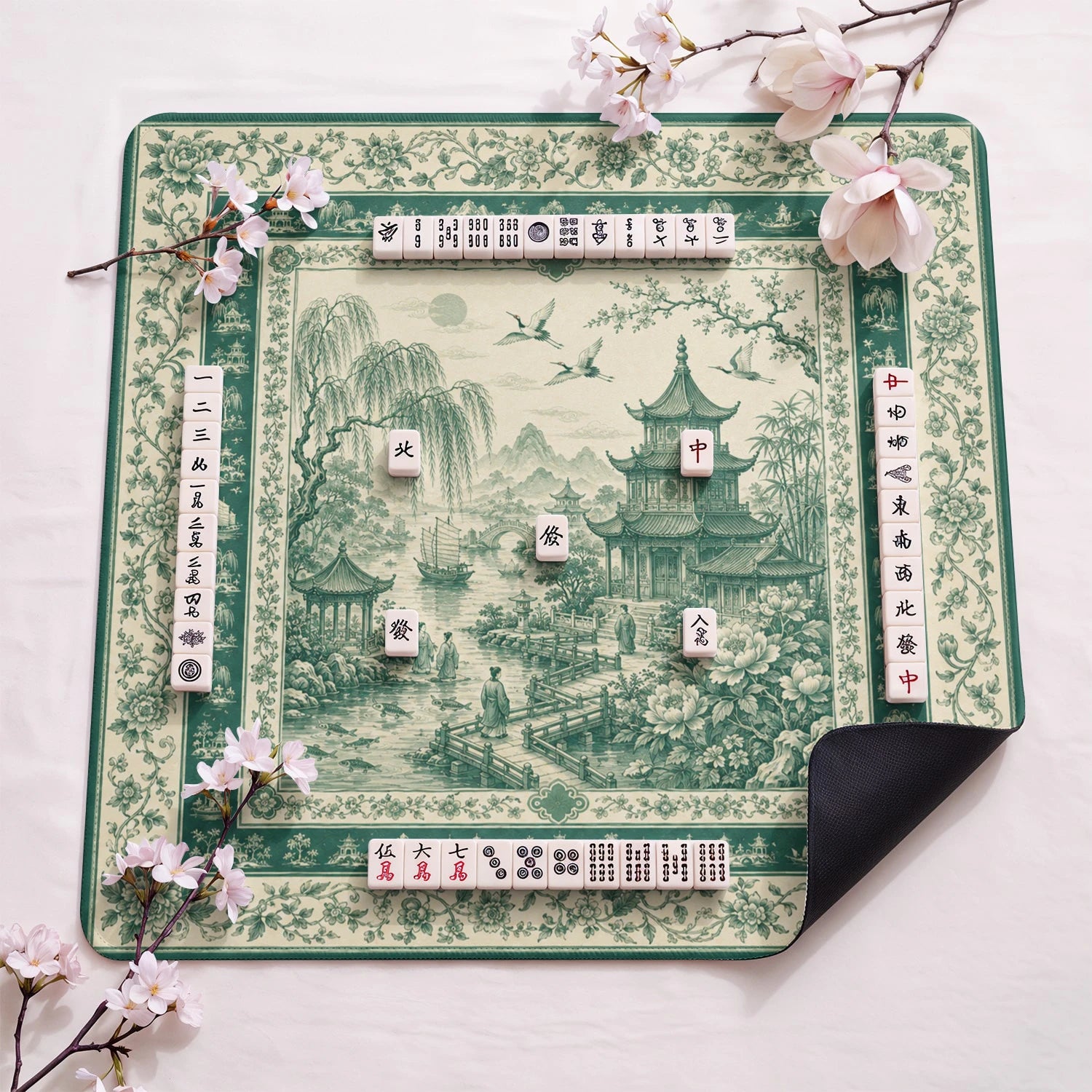Green Chinoiserie Toile design close-up on mahjong mat surface