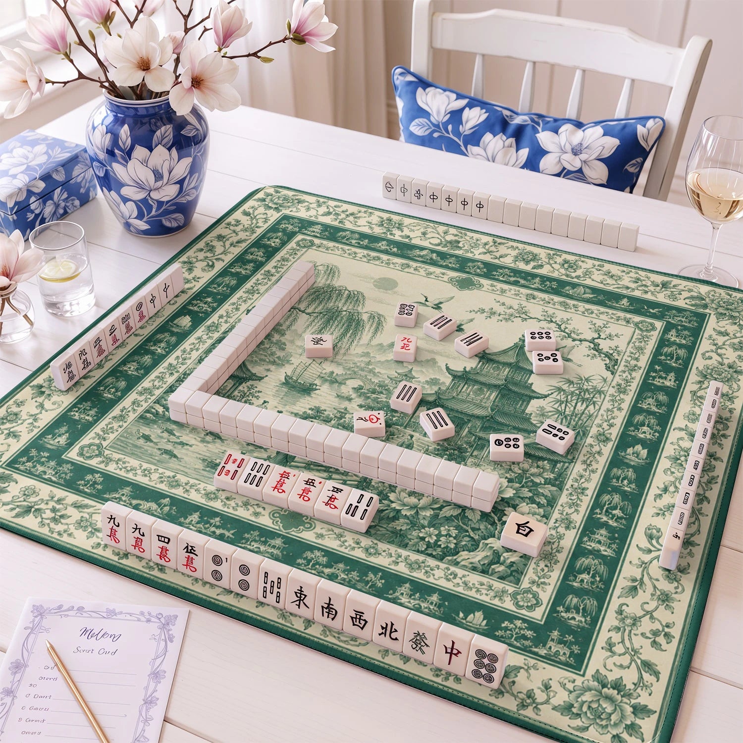 Green Chinoiserie Toile mahjong mat – M (60x60 cm) and L (81x81 cm) sizes