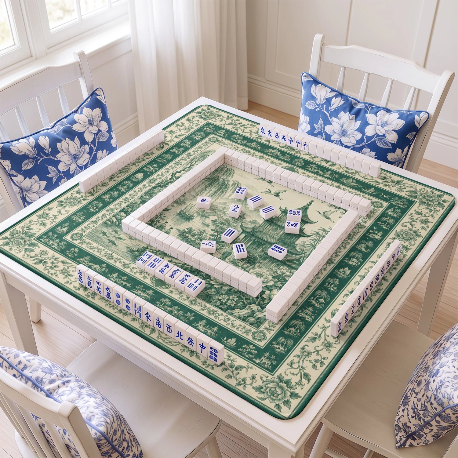 Green Chinoiserie Toile Mahjong Mat – neoprene mah jongg table mat