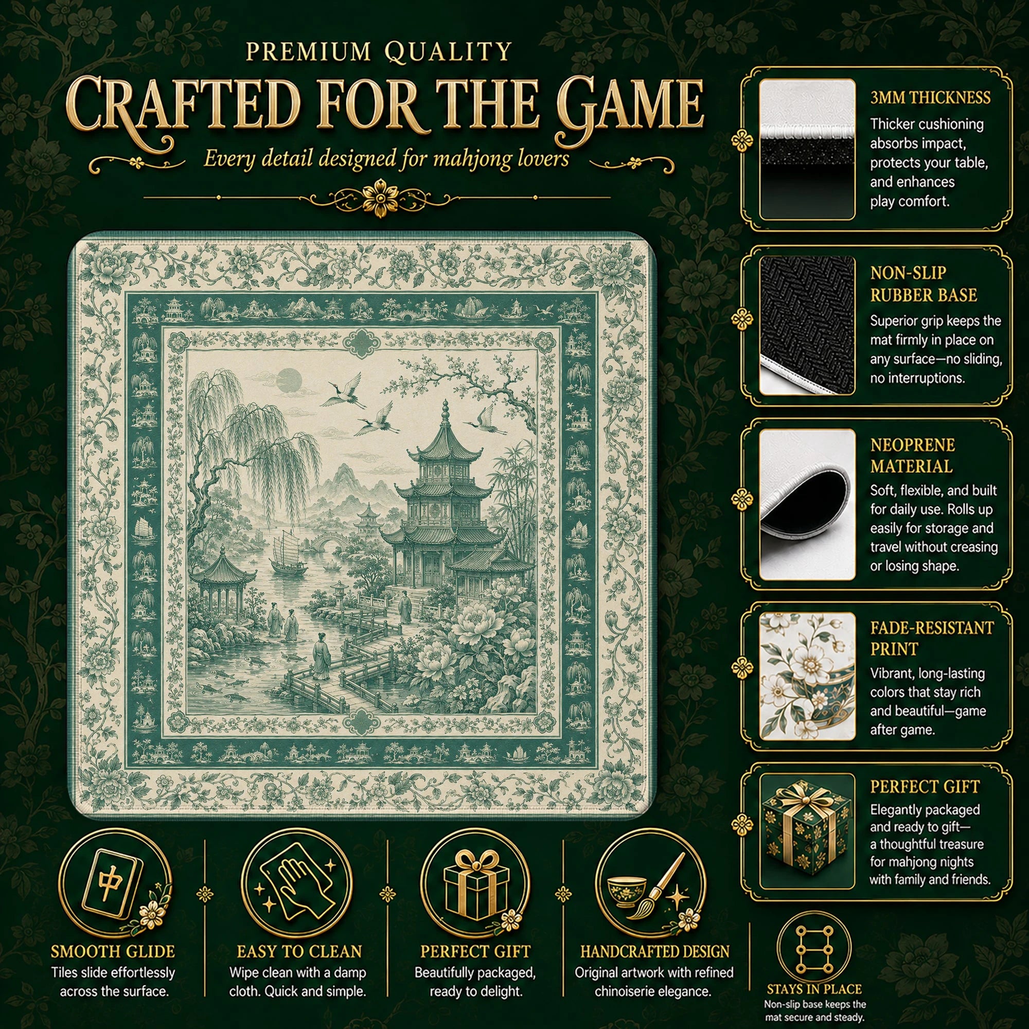 Green Chinoiserie Toile mahjong mat – M (60x60 cm) and L (81x81 cm) sizes