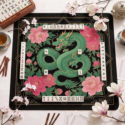 Green Dragon Peony Mahjong Mat - Mah Jongg Mat