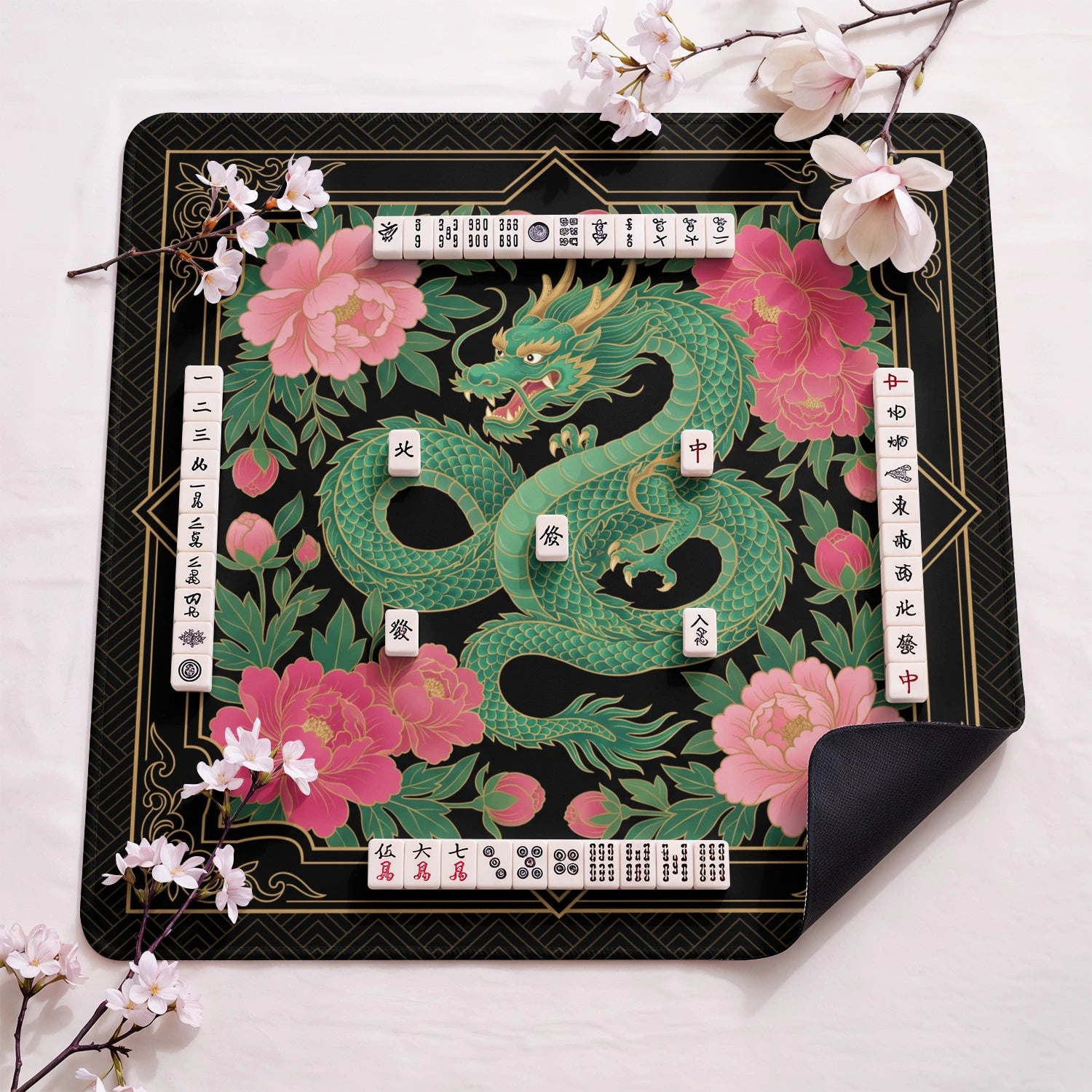 Green Dragon Peony design close-up on mahjong mat surface