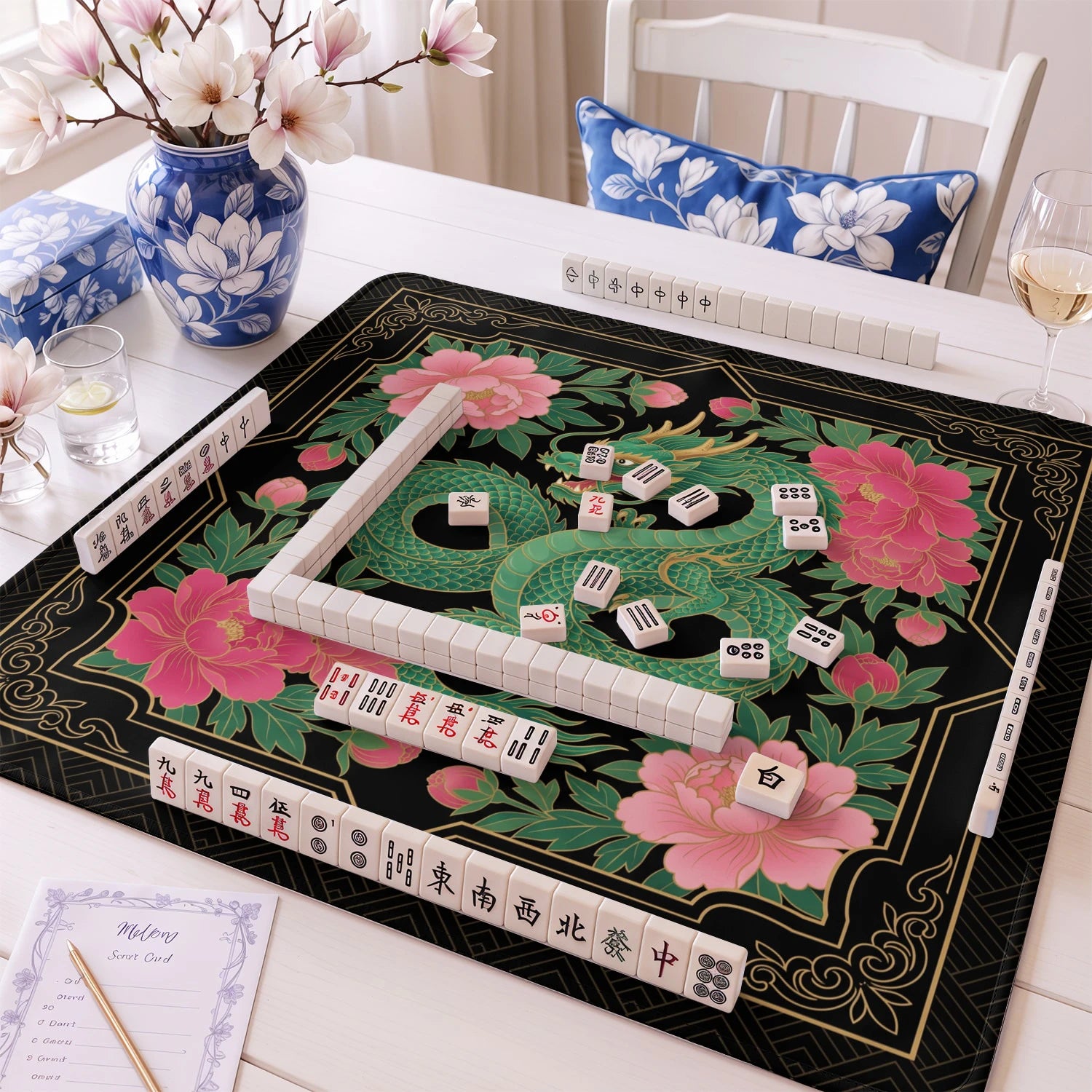 Green Dragon Peony mahjong mat – M (60x60 cm) and L (81x81 cm) sizes