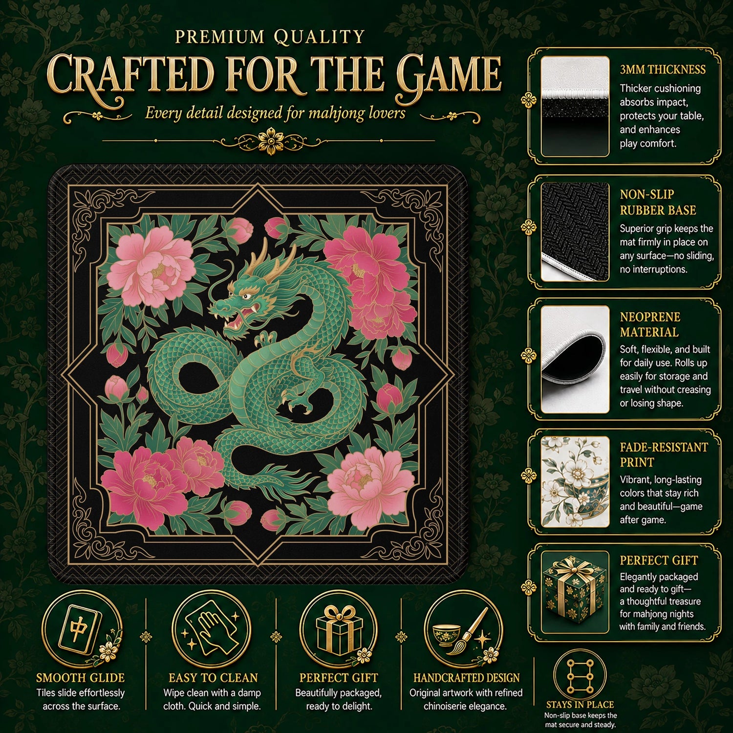 Green Dragon Peony Mahjong Mat – neoprene mah jongg table mat