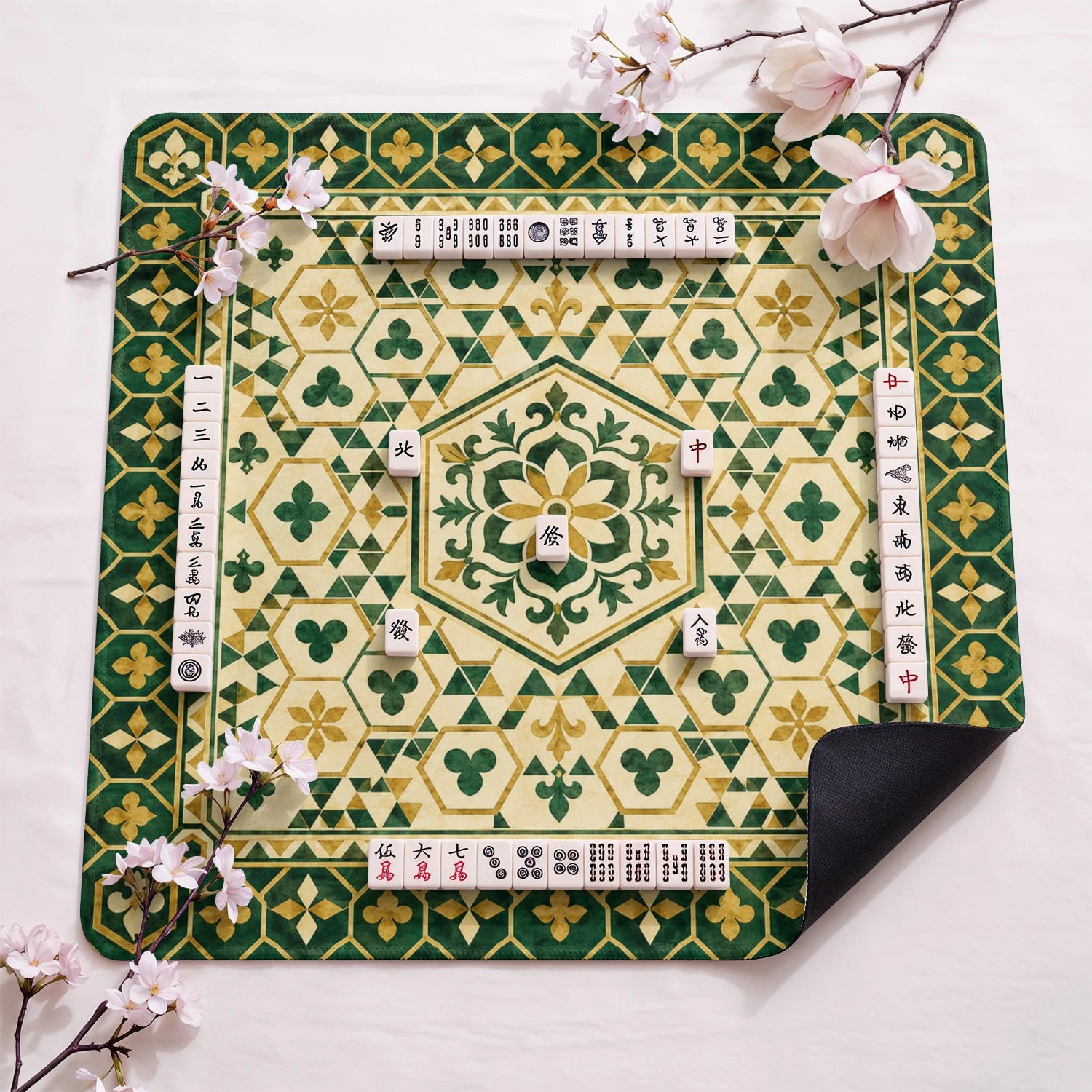 Green Gold Tile design close-up on mahjong mat surface