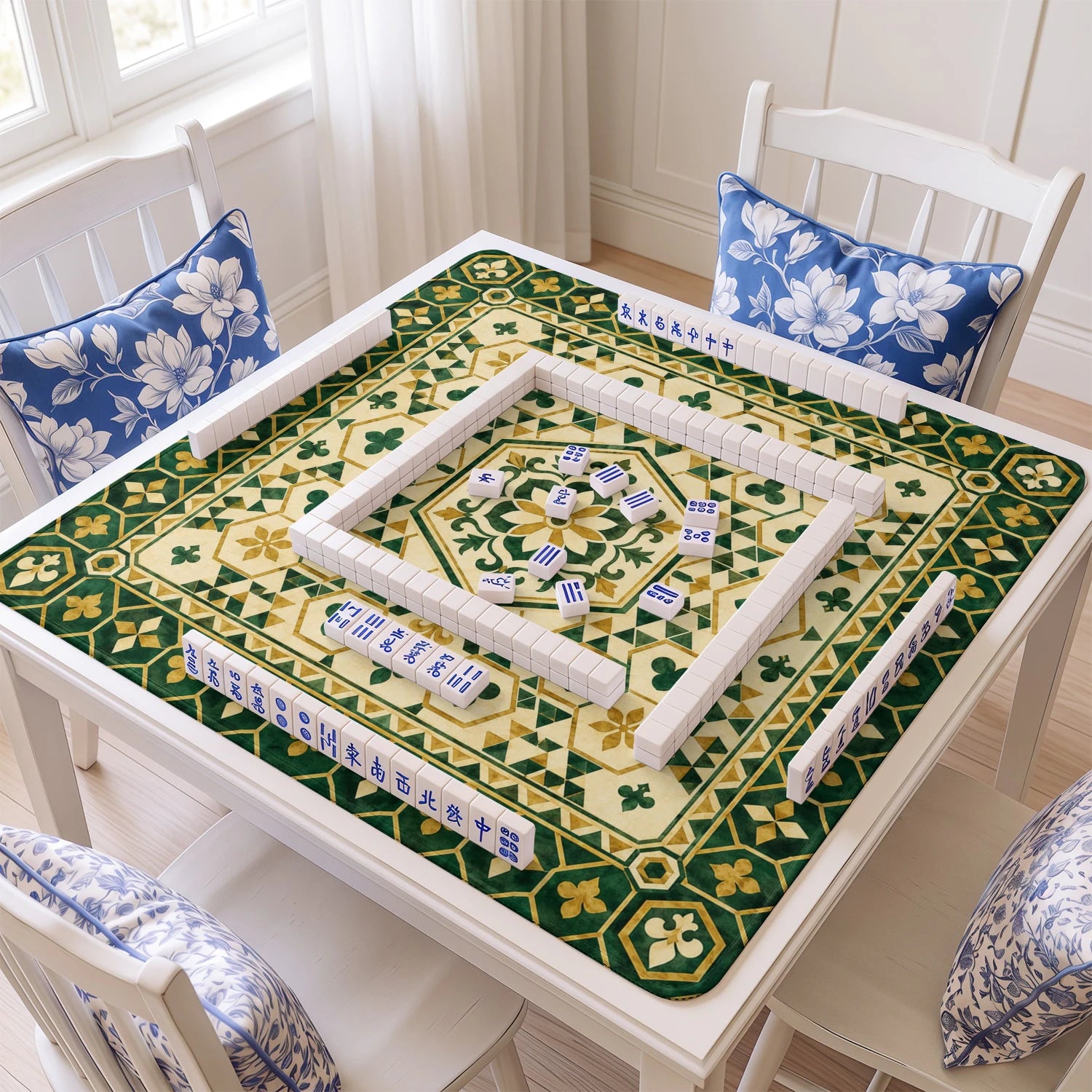 Green Gold Tile mahjong mat with tiles and racks on the table