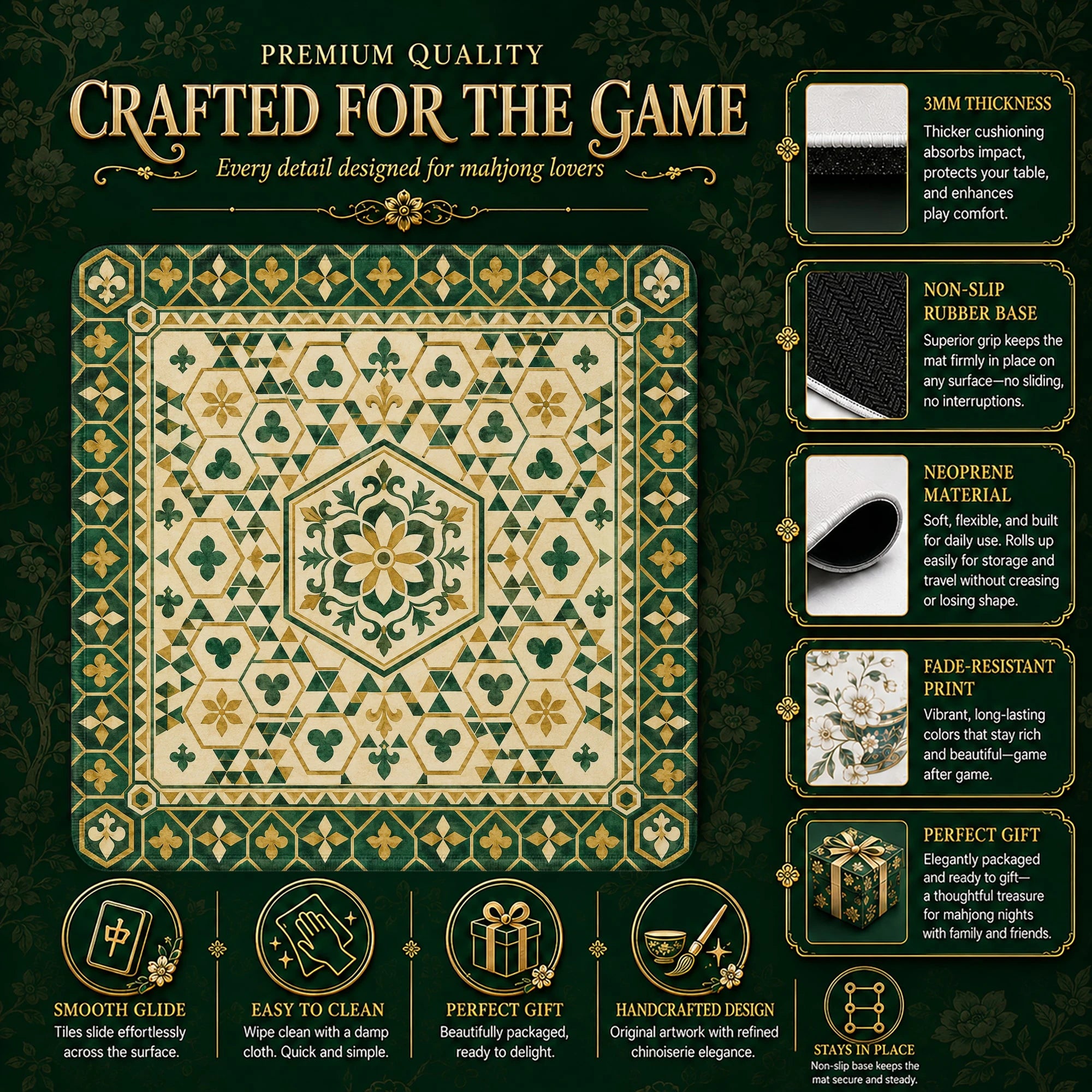 Green Gold Tile Mahjong Mat – neoprene mah jongg table mat