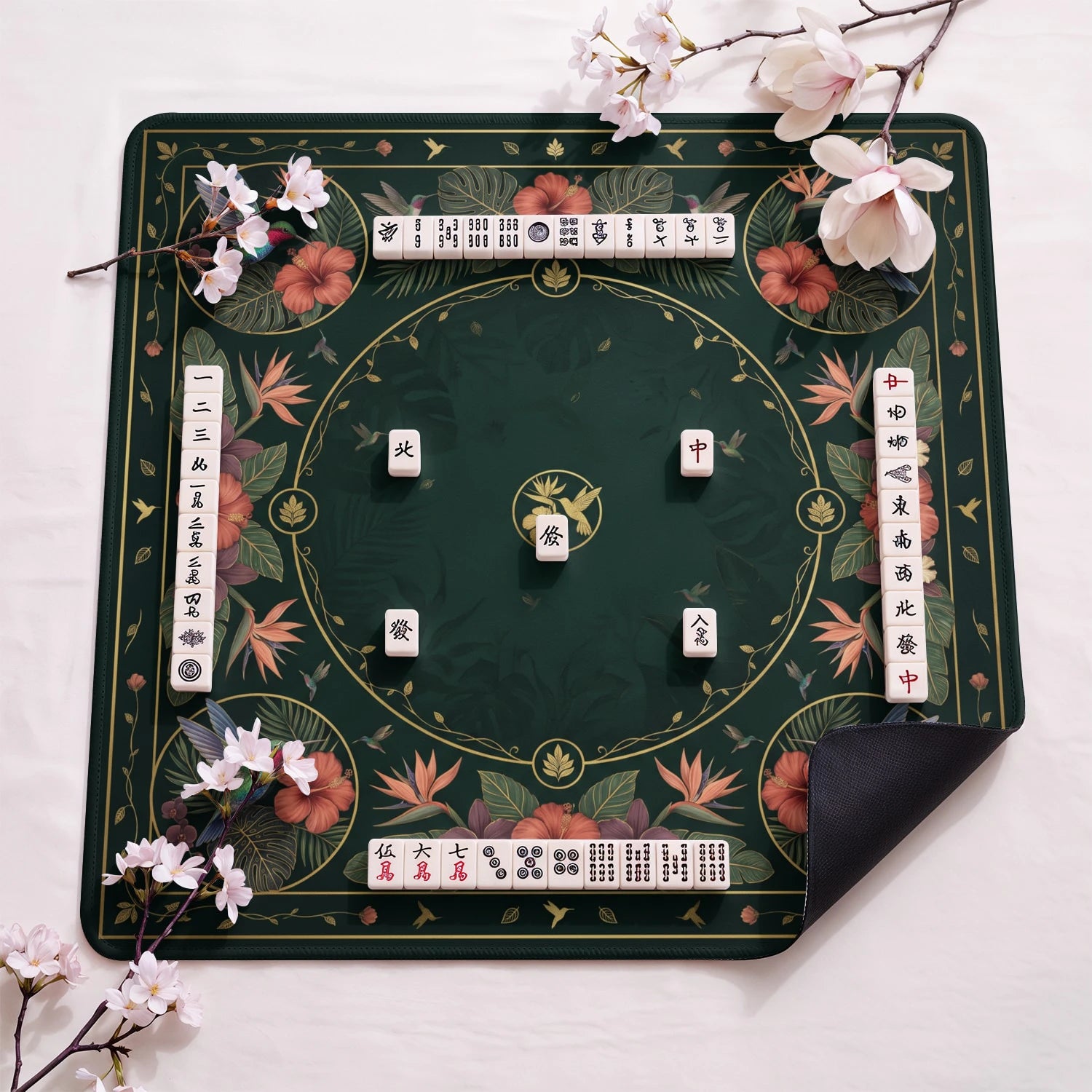 Green Hummingbird Mahjong Mat - Mah Jongg Mat