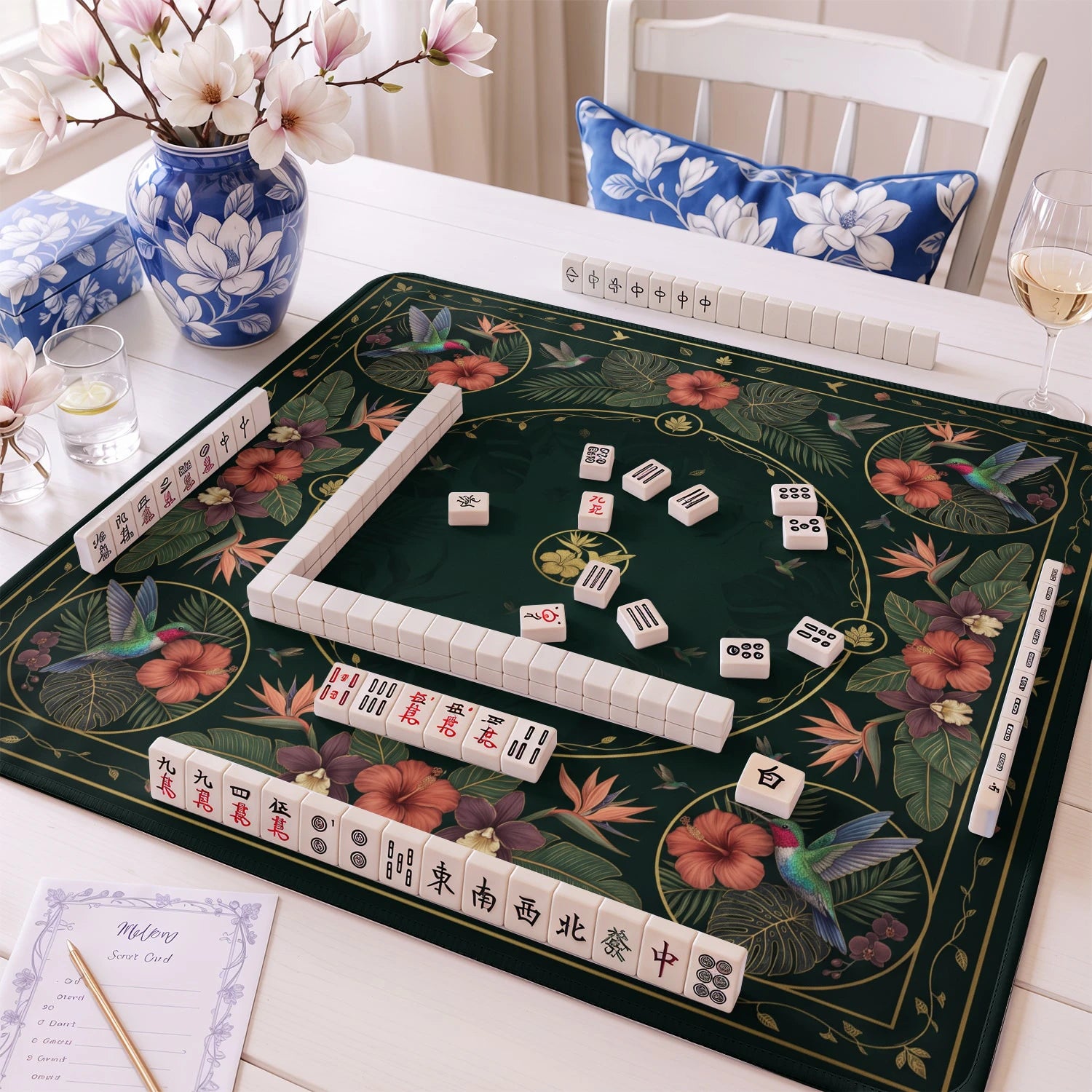 Green Hummingbird Mahjong Mat - Mah Jongg Mat