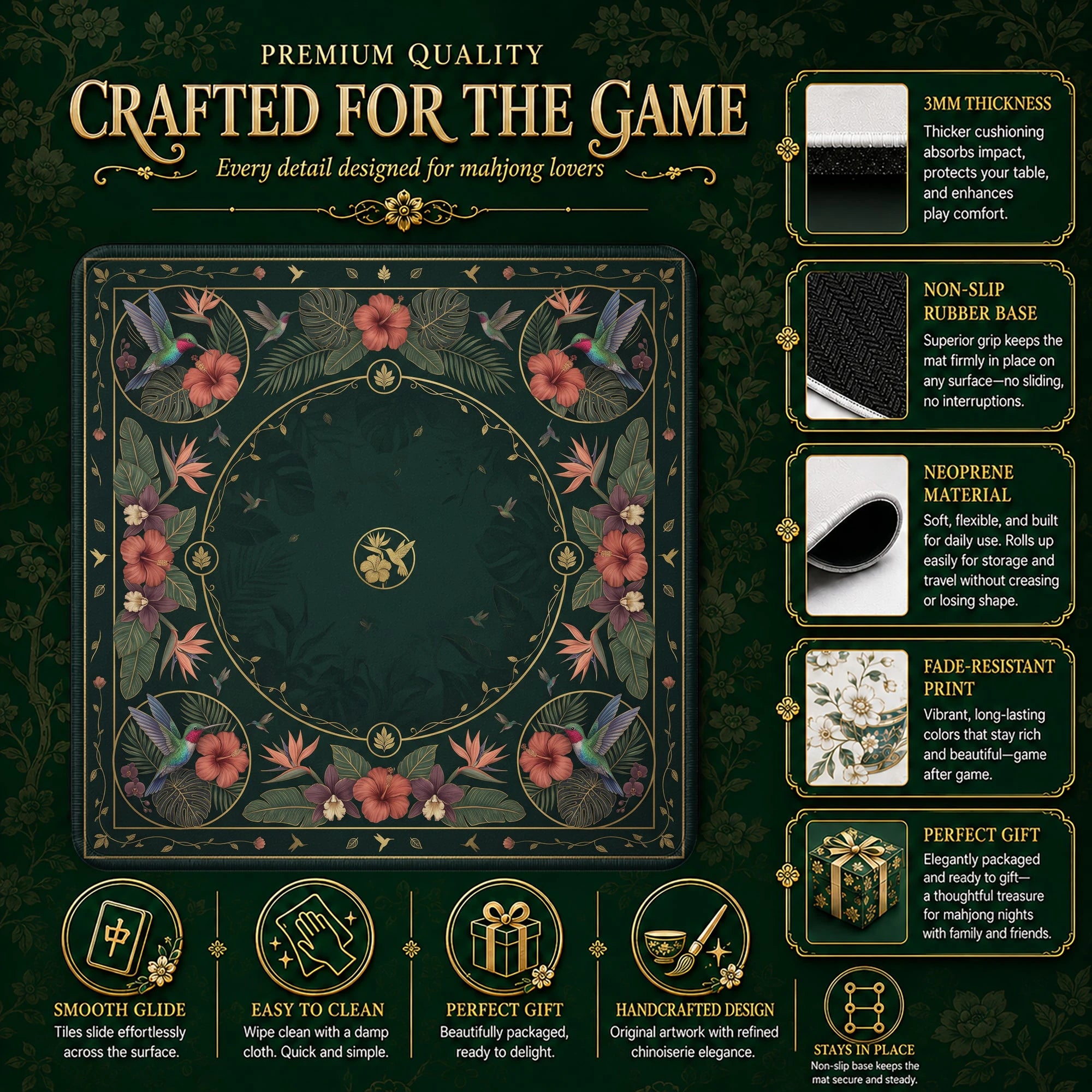 Green Hummingbird Mahjong Mat - Mah Jongg Mat