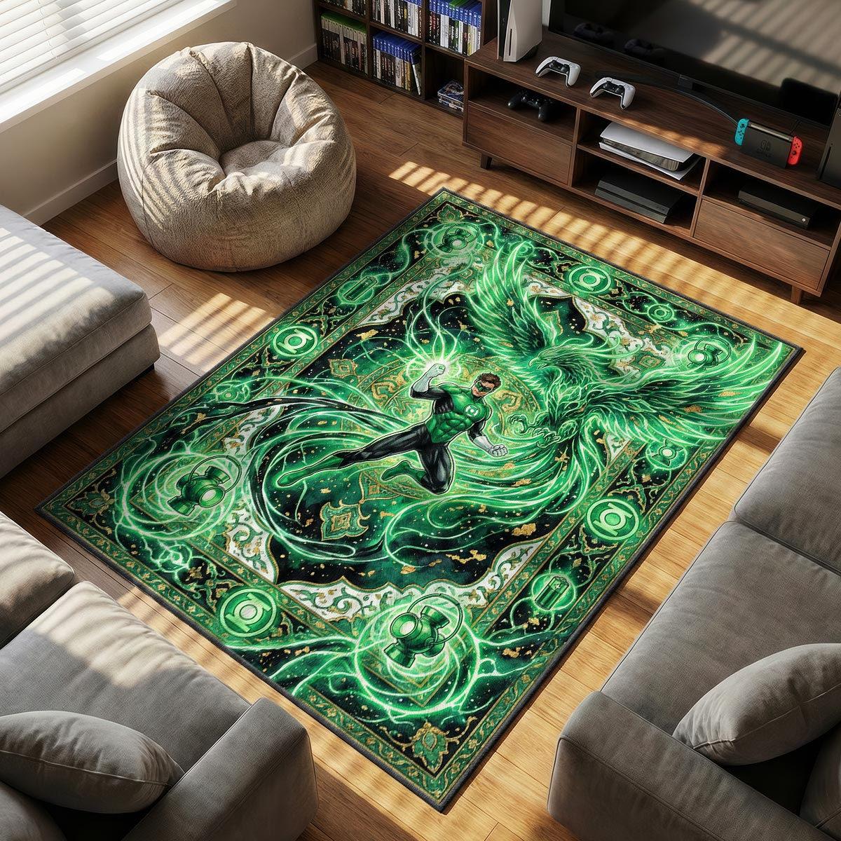 Green Lantern themed area rug for home decor fans